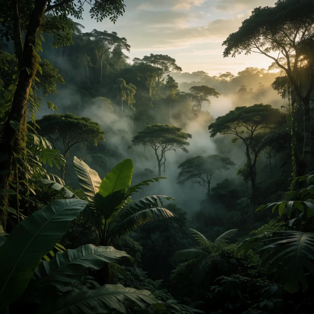 Indonesian tropical forest canopy at dusk