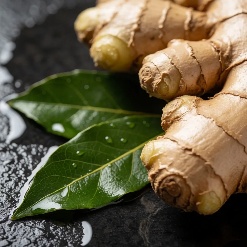 Indonesian ginger root and medicinal herbs on dark stone