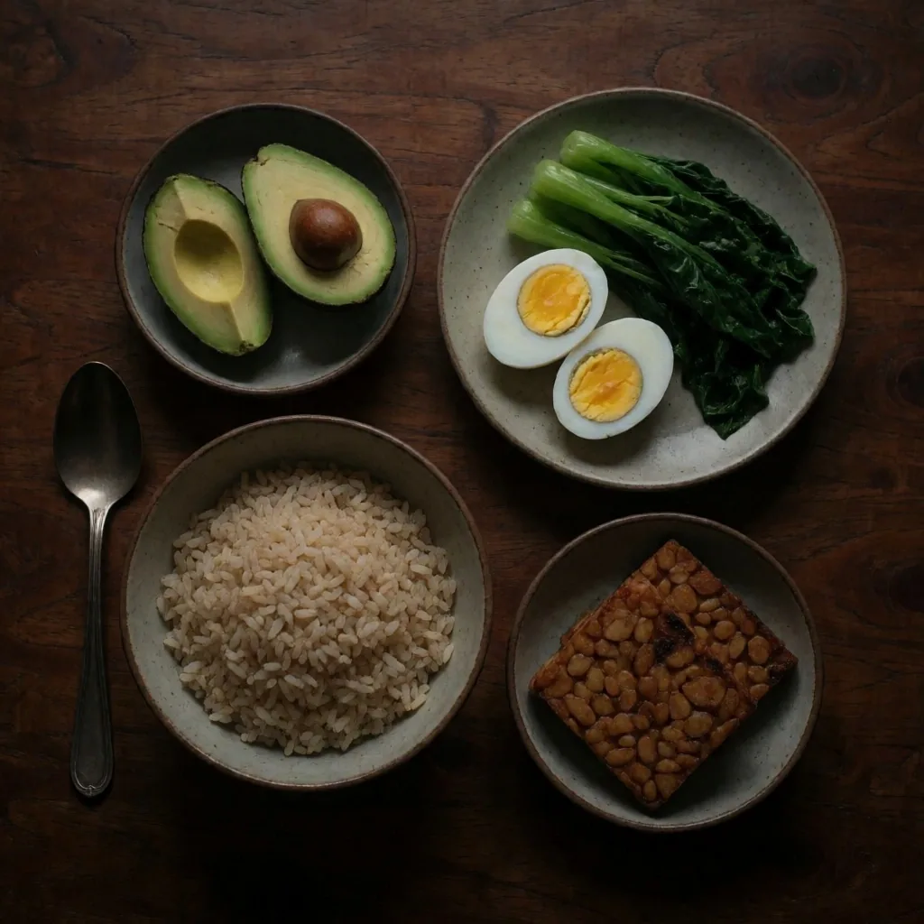 Balanced Indonesian breakfast spread on dark wood