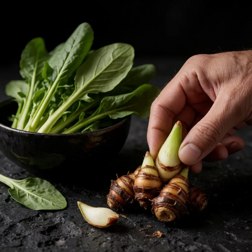 Fresh Indonesian botanical roots in dramatic low-key lighting