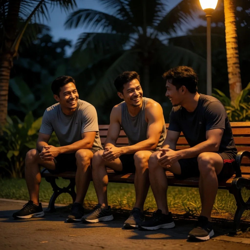 Men exercising together in a Jakarta park at dusk