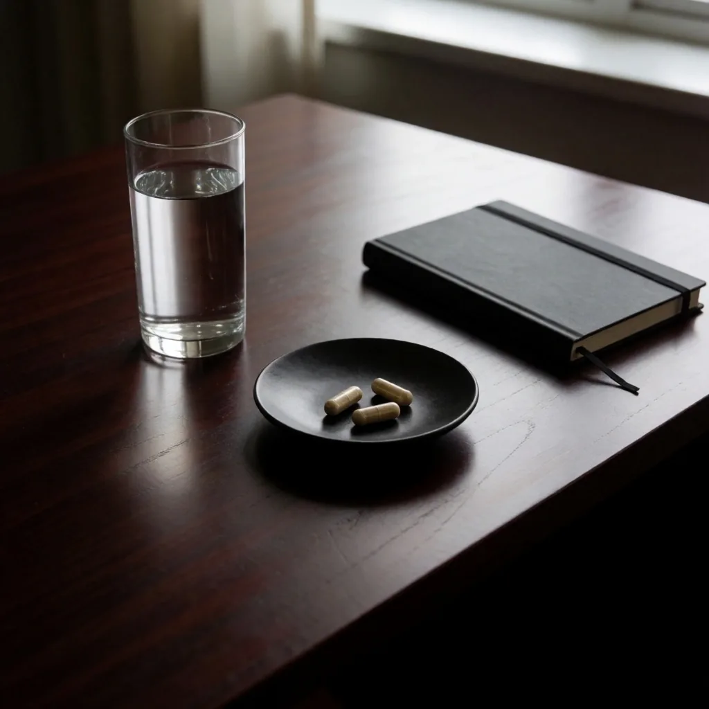 Morning routine items on dark desk