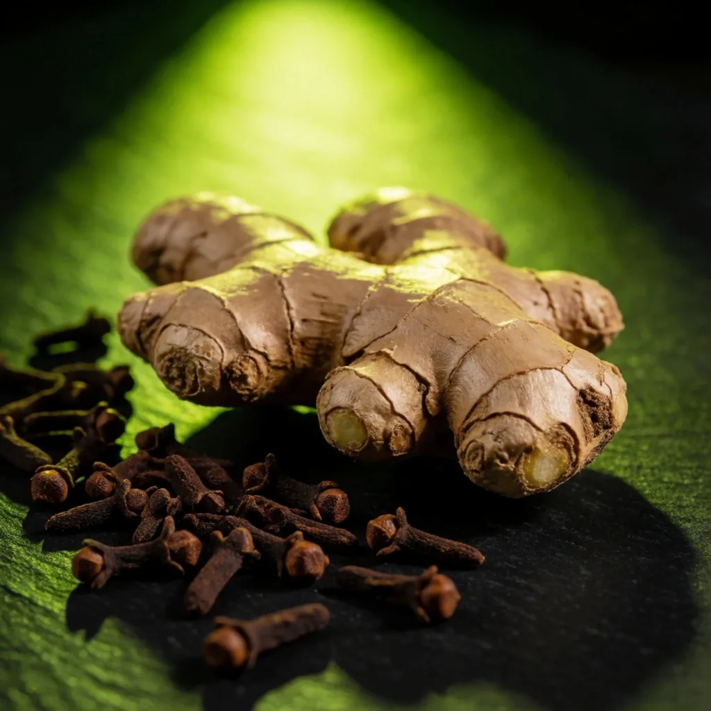 Dark botanical scene with fresh ginger root and dried herbs under lime light