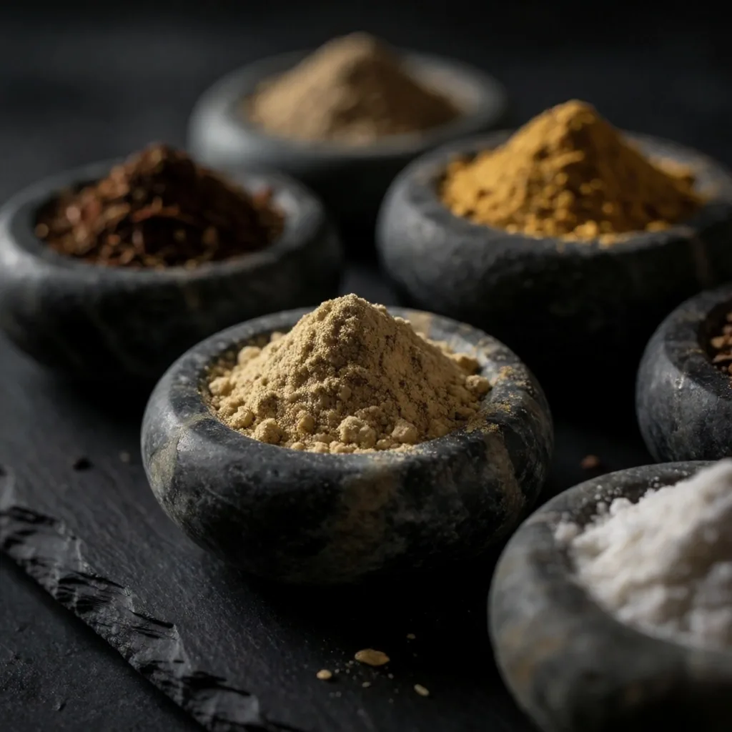Dried herbs and mineral powder in small bowls on dark stone