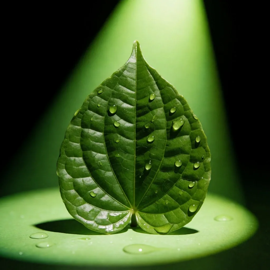 Macro view of a single green medicinal leaf under lime light
