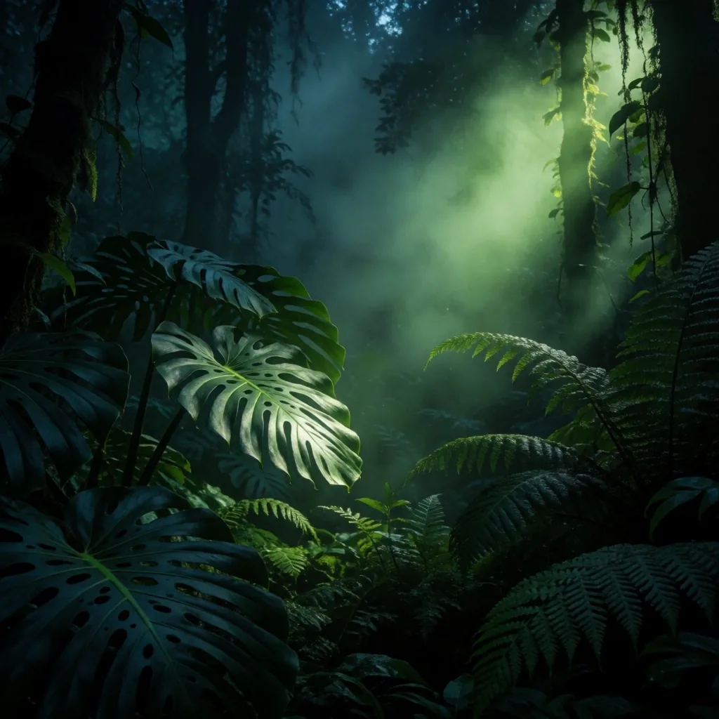 Nocturnal Indonesian rainforest understorey with lime-green light