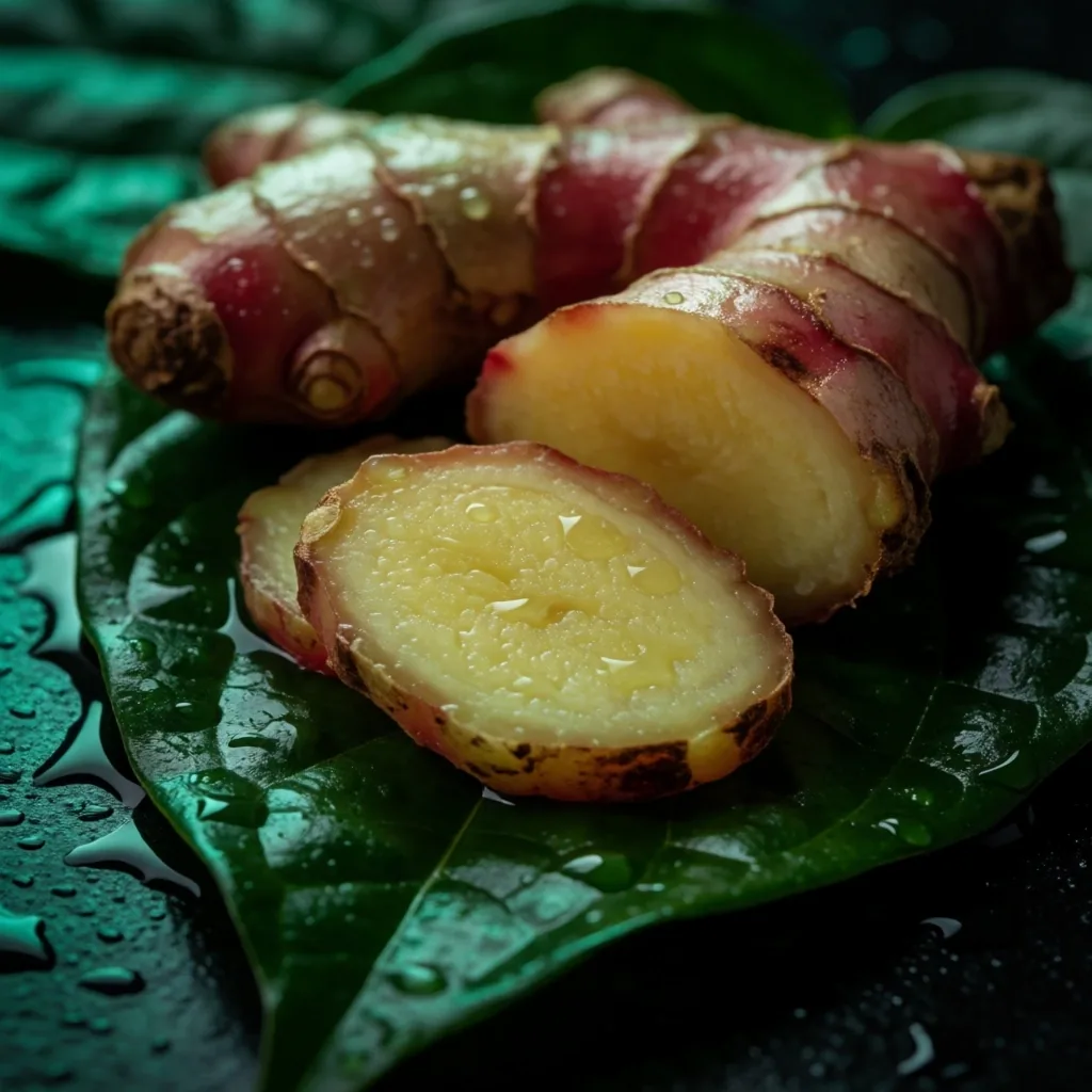 Botanical macro photograph of Indonesian ginger root in low light