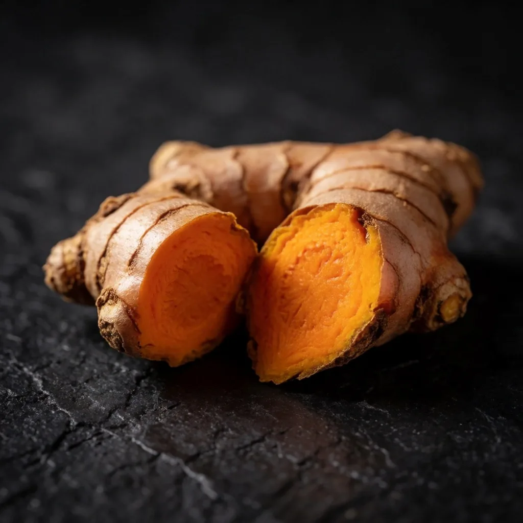 Close-up of fresh turmeric root on dark stone
