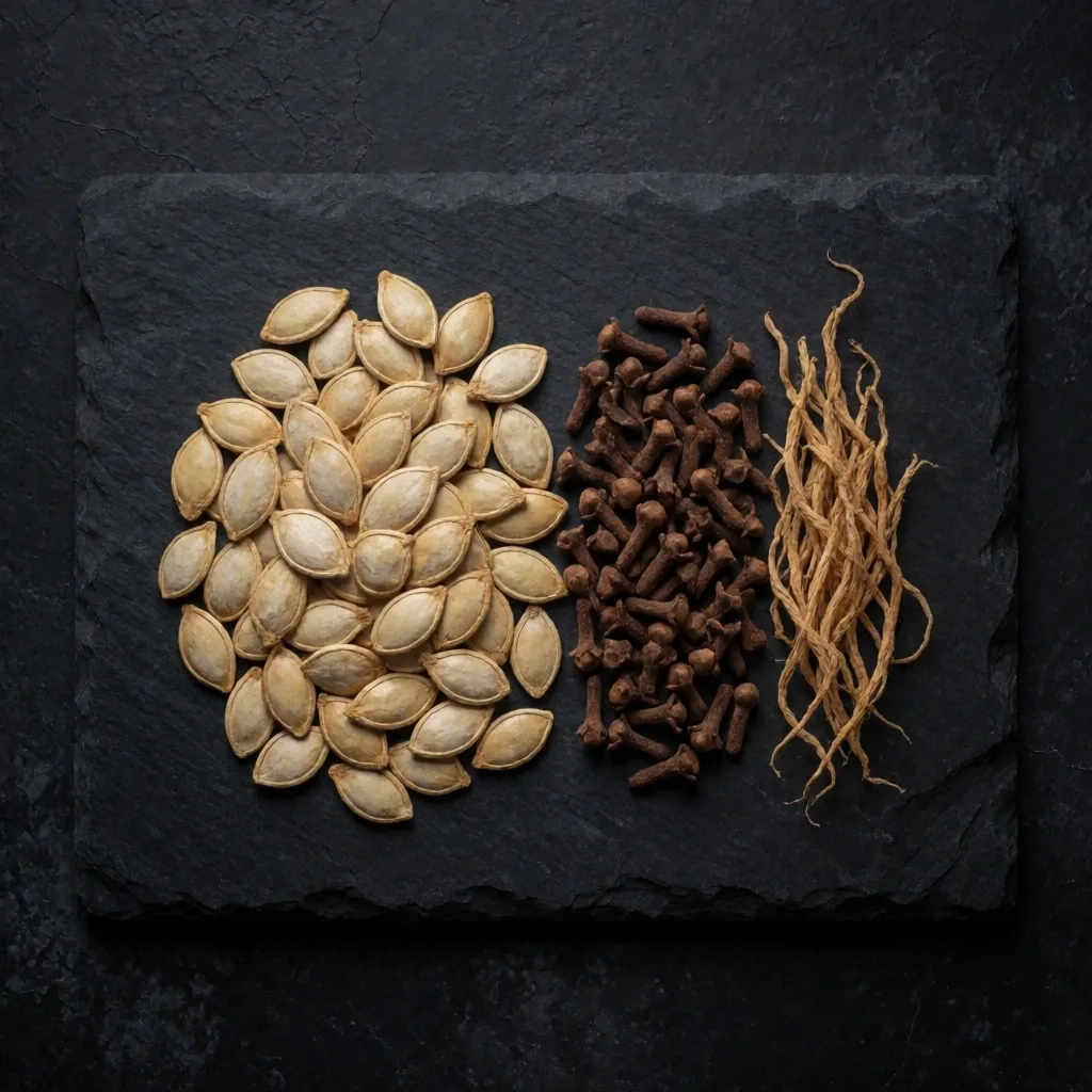 Dried herbs and mineral-rich plant roots on dark stone
