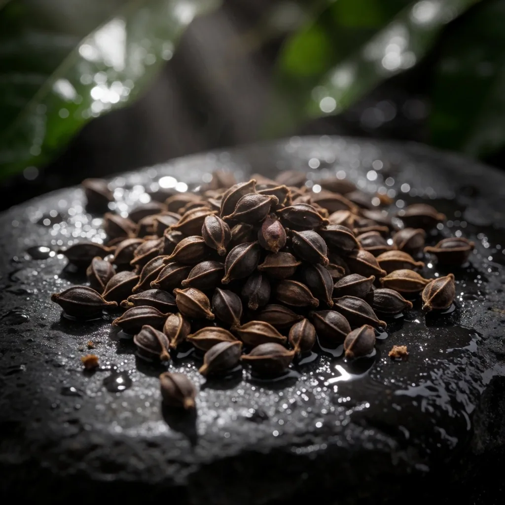 Black peppercorns on dark slate