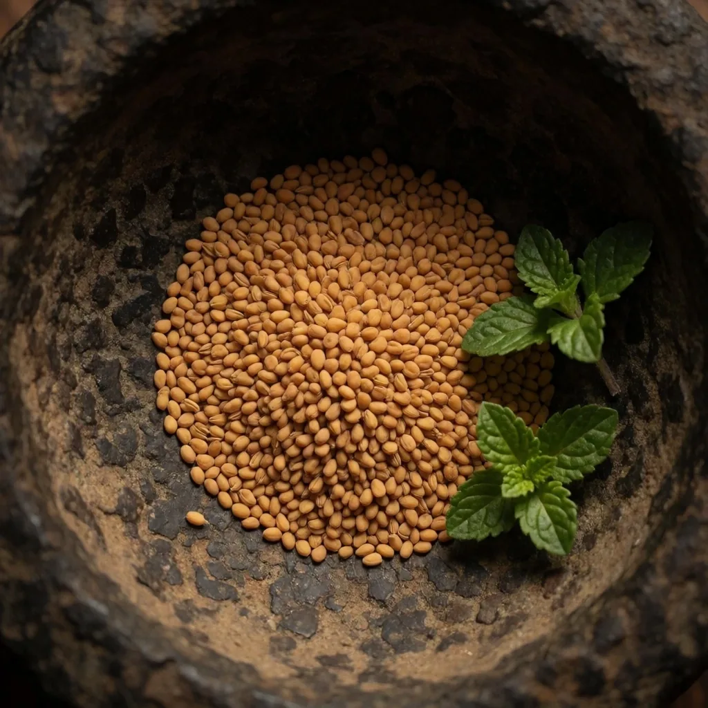 Fenugreek seeds on stone mortar