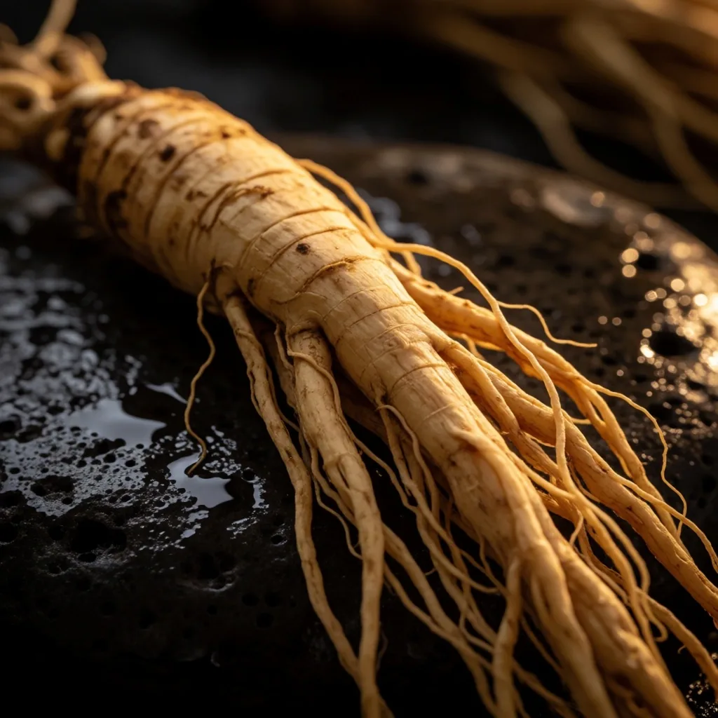 Ginseng root cross-sections on dark slate