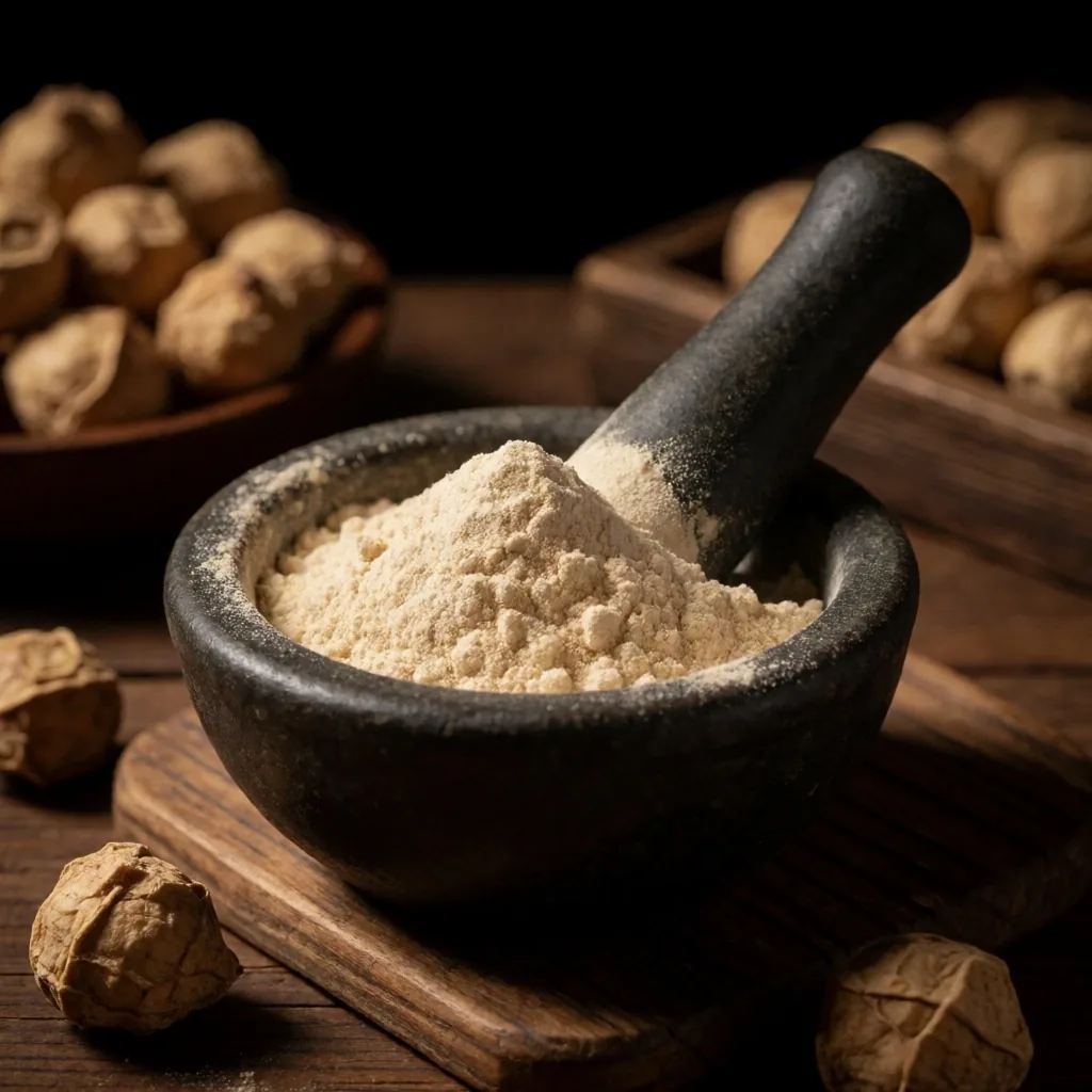 Maca root powder in mortar