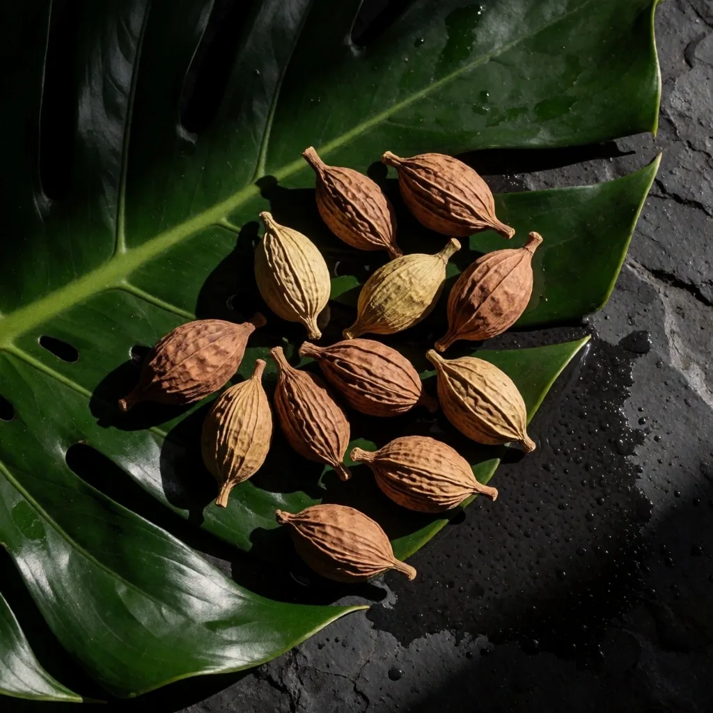 Indonesian botanical specimens on a dark surface